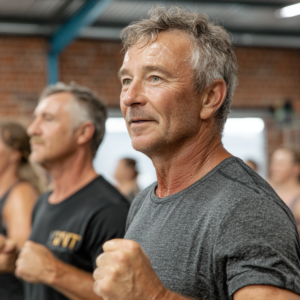 Grupo de adultos maduros de 50-60 años realizando ejercicios de fuerza en el gimnasio voltikresh, mostrando determinación y energía
