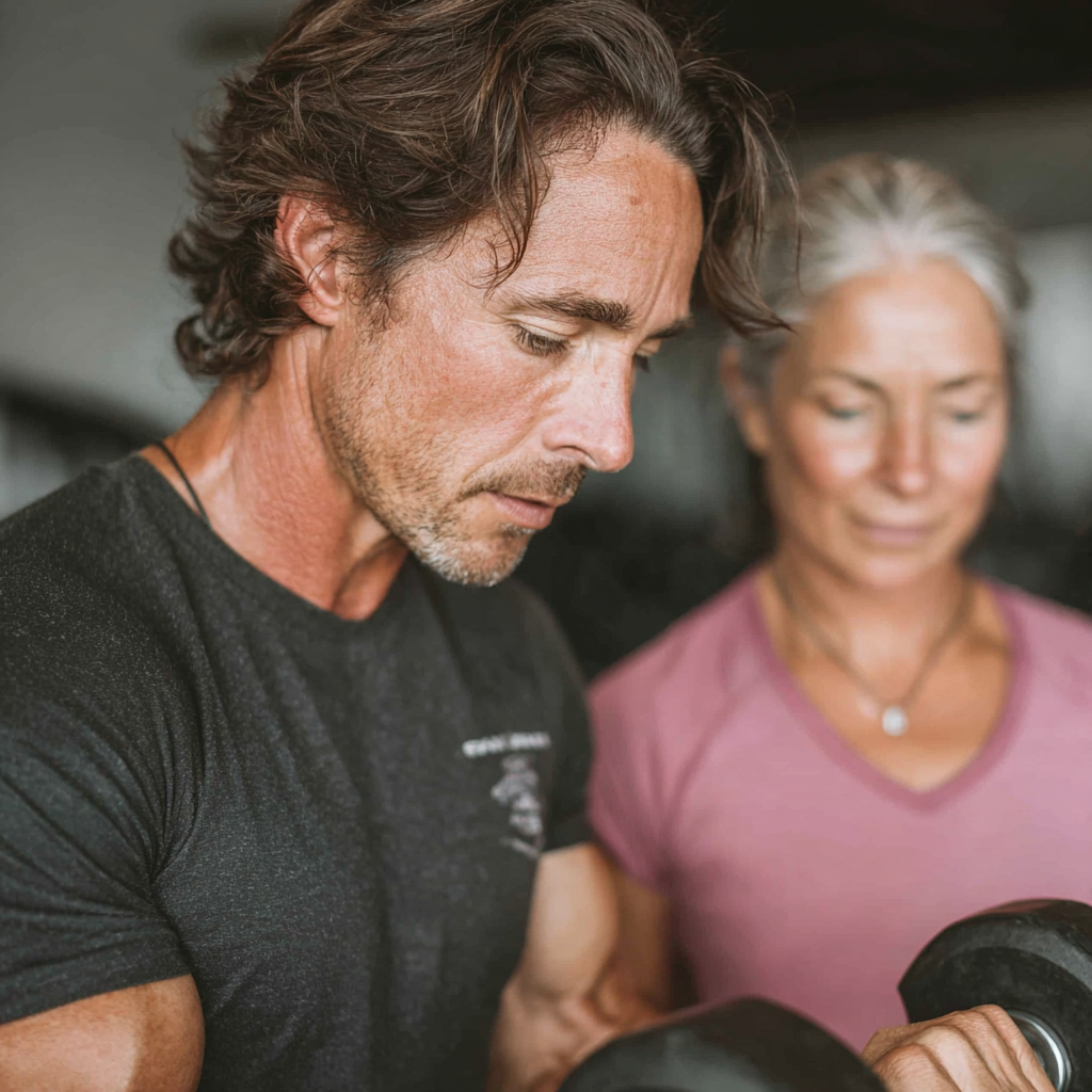 Entrenador personal trabajando individualmente con una mujer de 55 años en voltikresh, mostrando técnica correcta en ejercicios de fuerza